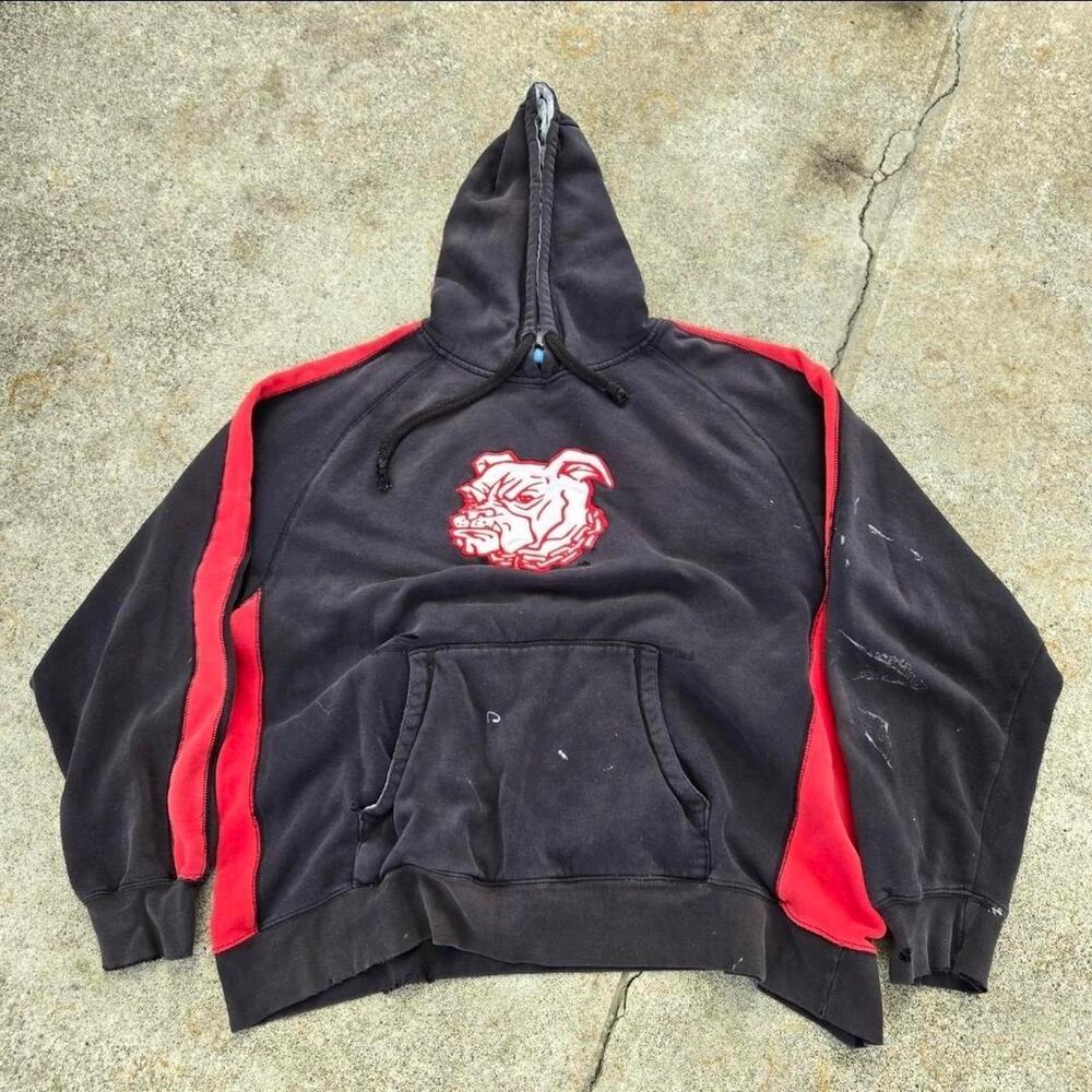 Vtg Y2k PHYS SCI Bulldog Chain Distressed Skate Graffiti Hooded Sweatshirt XXL